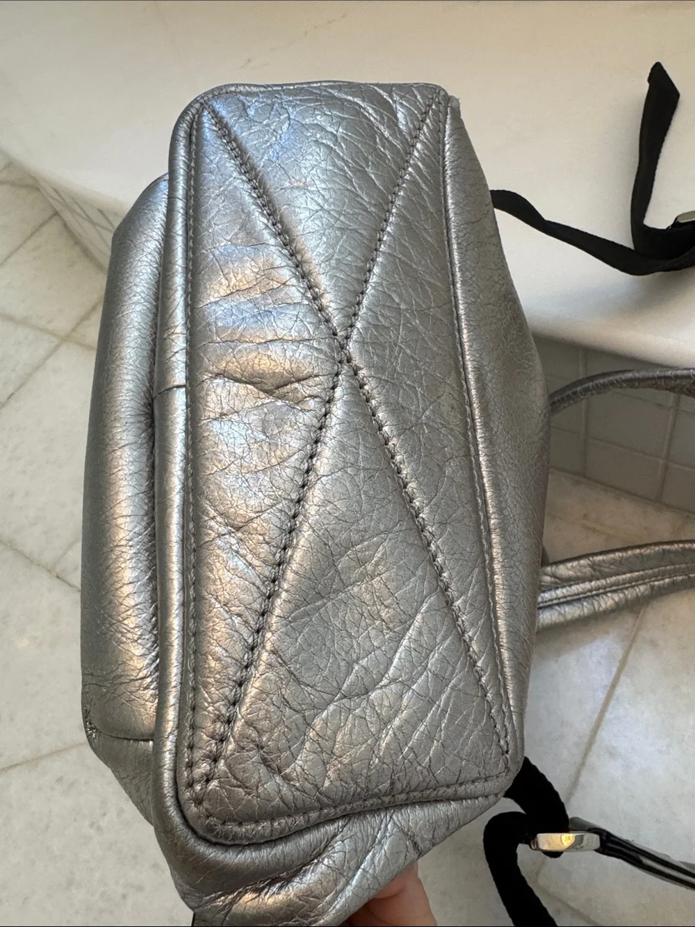 Marc Jacobs Silver Metallic Mini Backpack with Black Embellishment